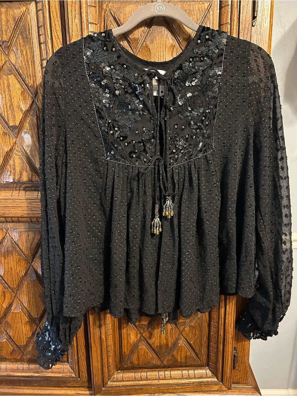 Zara Black Embellished Tie-Front Peasant Blouse